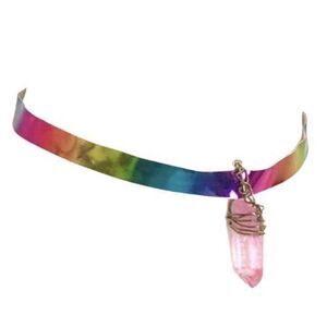 Rainbow Choker Necklace Wire Wrapped Pink Quartz Crystal Pendant LGBTQ+ June